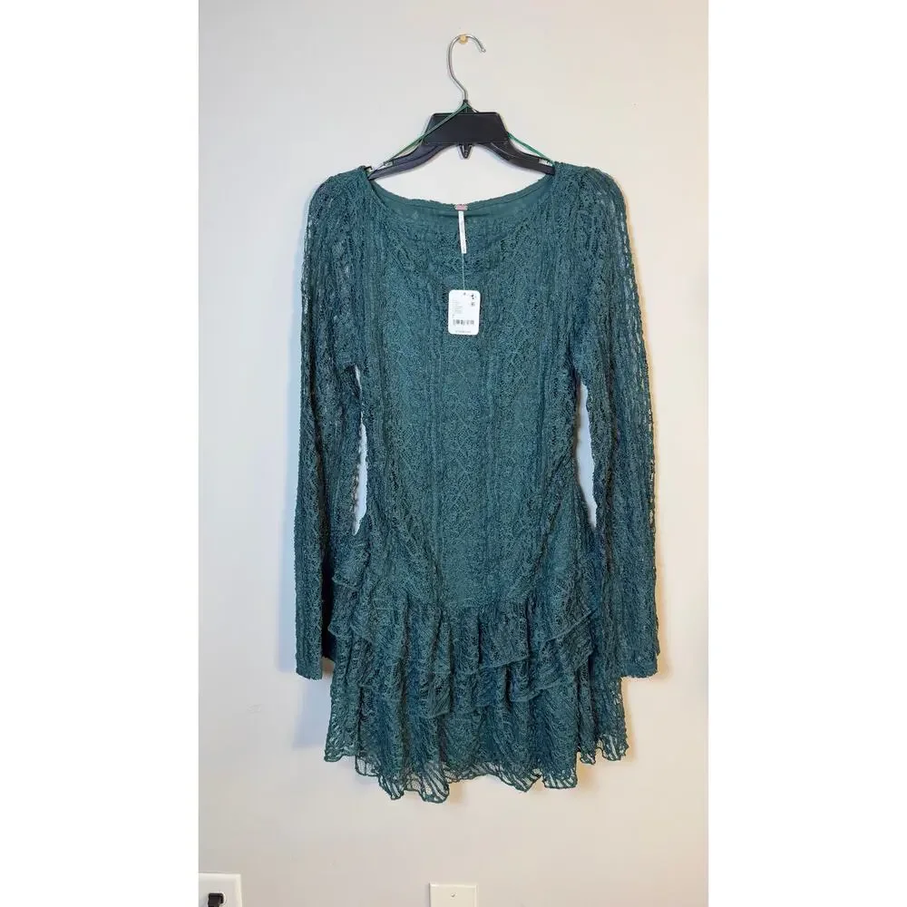 Free People Women's Tabby Tiered Mini Dress Seamoss Lace  – Sz L  NWT $128.